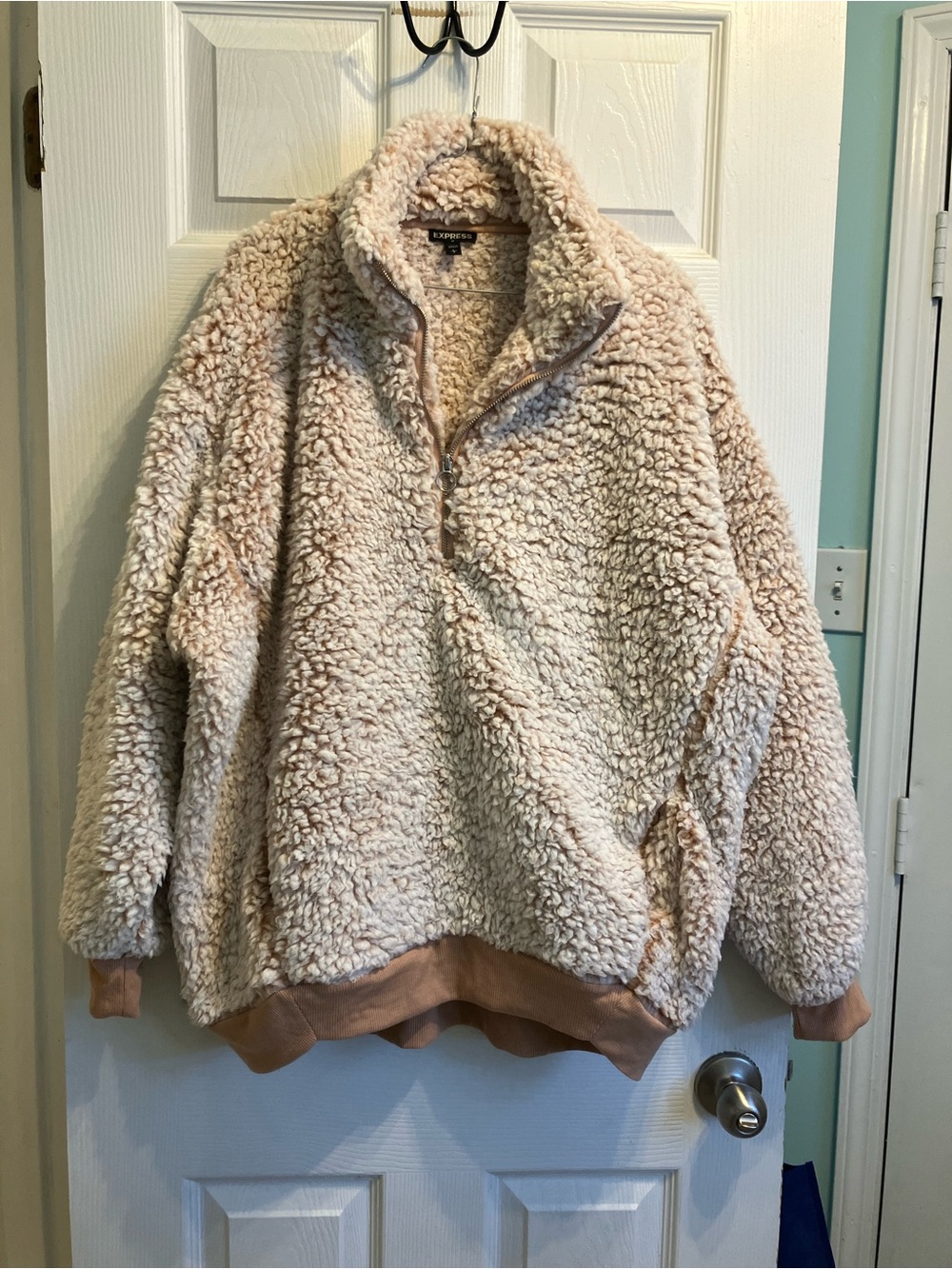 Express One Eleven Teddy Bear Fuzzy Sherpa Quarter-Zip Pullover Sweater